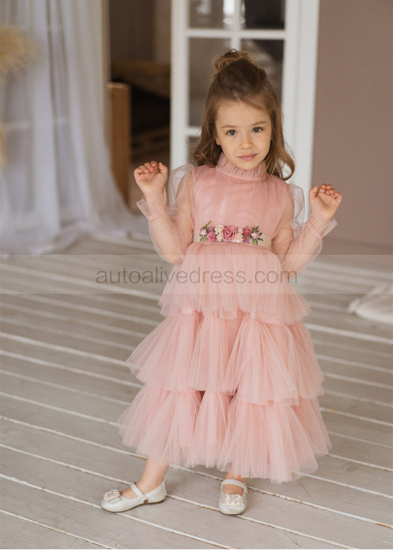 High Neck Blush Pink Tulle Flower Girl Dress